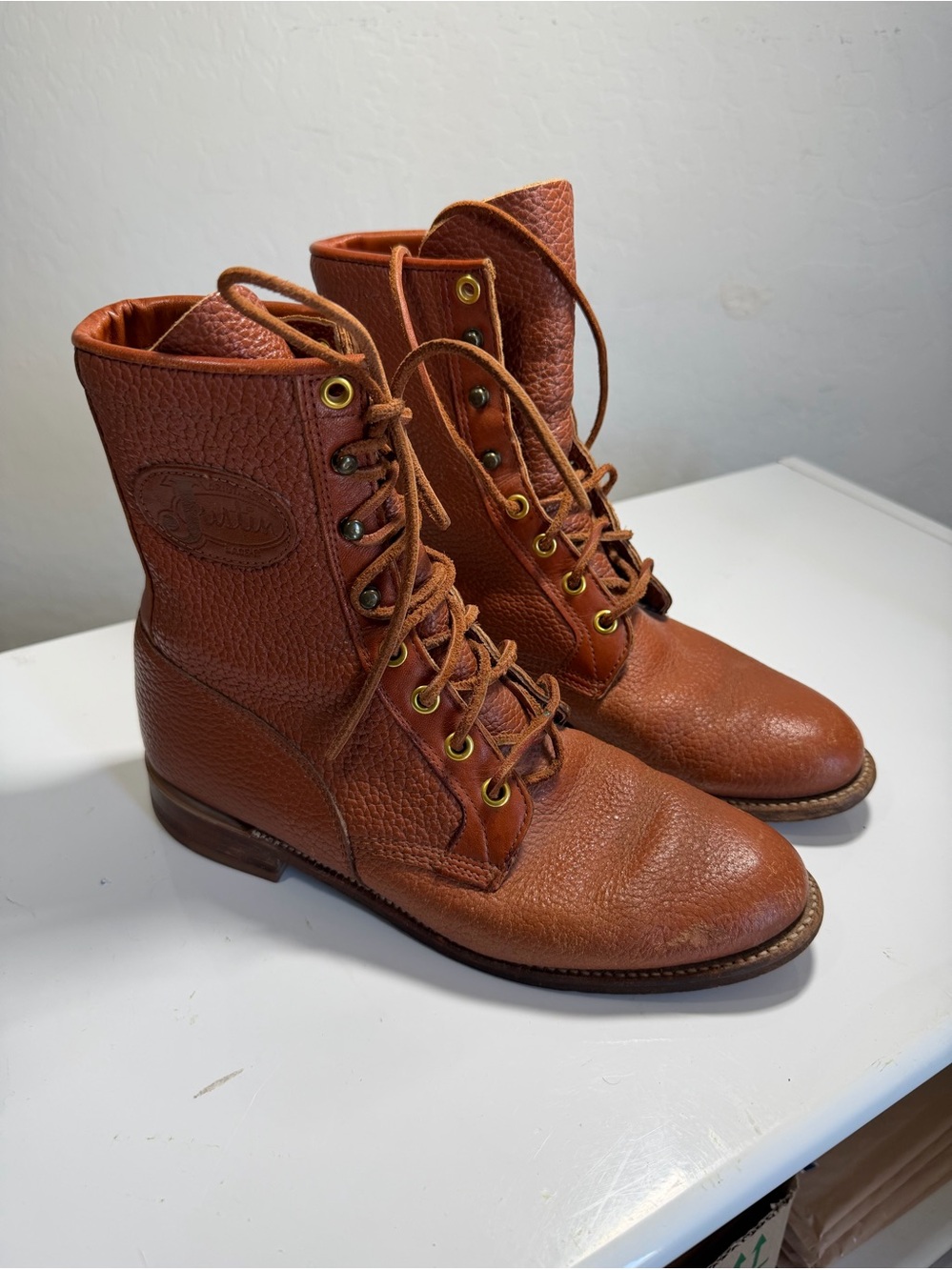 Vintage Justin USA Brown Leather Lace Up Roper Kiltie Boots 6.5B runs big